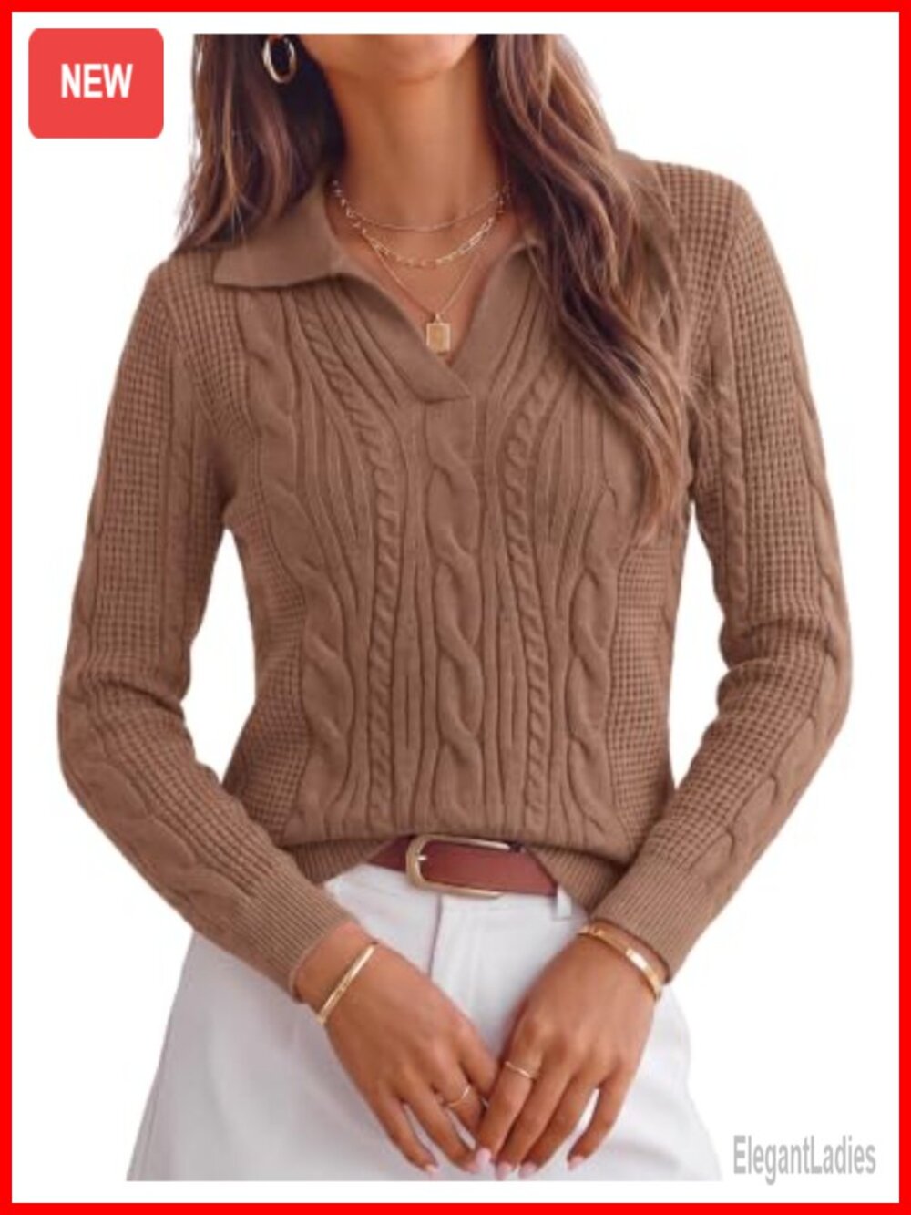 Cable Knit V-Neck Polo Pullover Sweater Long Sleeve Fall Winter Preppy